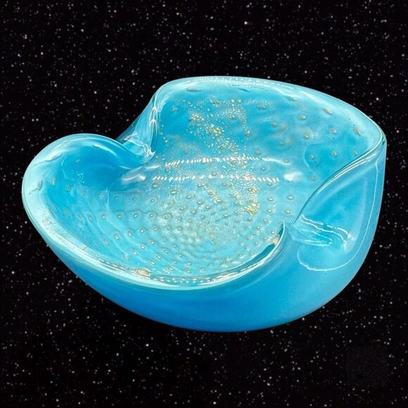 Murano Mid Century Art Glass Bowl Ashtray Blue Gold Aventurine Glitter 5”W 2”T - Picture 3 of 12
